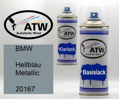 BMW, Hellblau Metallic, 20167: 400ml Sprühdose + 400ml Klarlack - Set, von ATW Autoteile West.